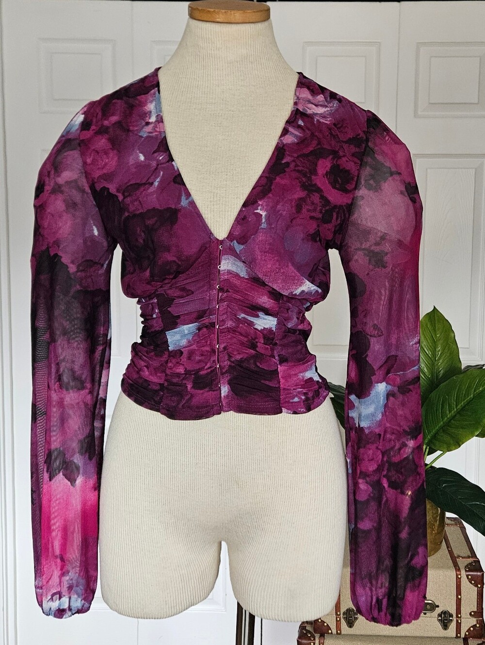 Liberty Love Sheer Mesh Floral Ruched Crop Blouse Whimsigoth Coquette Y2K Size M